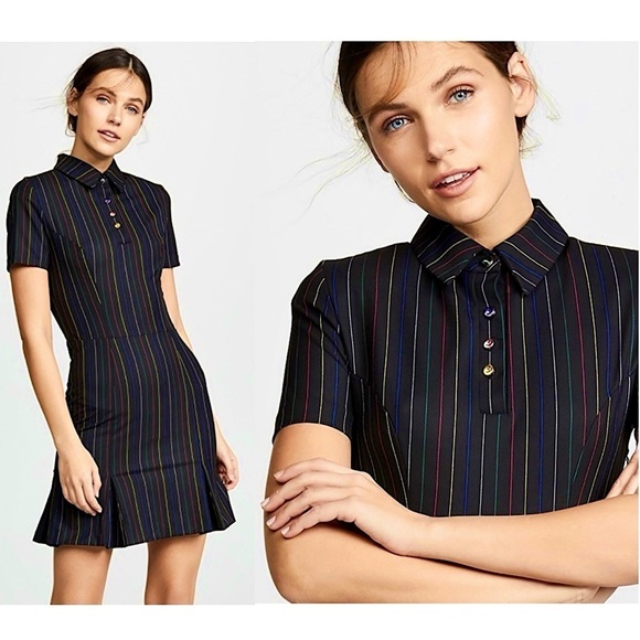 STAUD 90s Rainbow Pinstripe Short Sleeve Jewel Button Pleated Polo Shirt Dress 2 - Picture 1 of 8